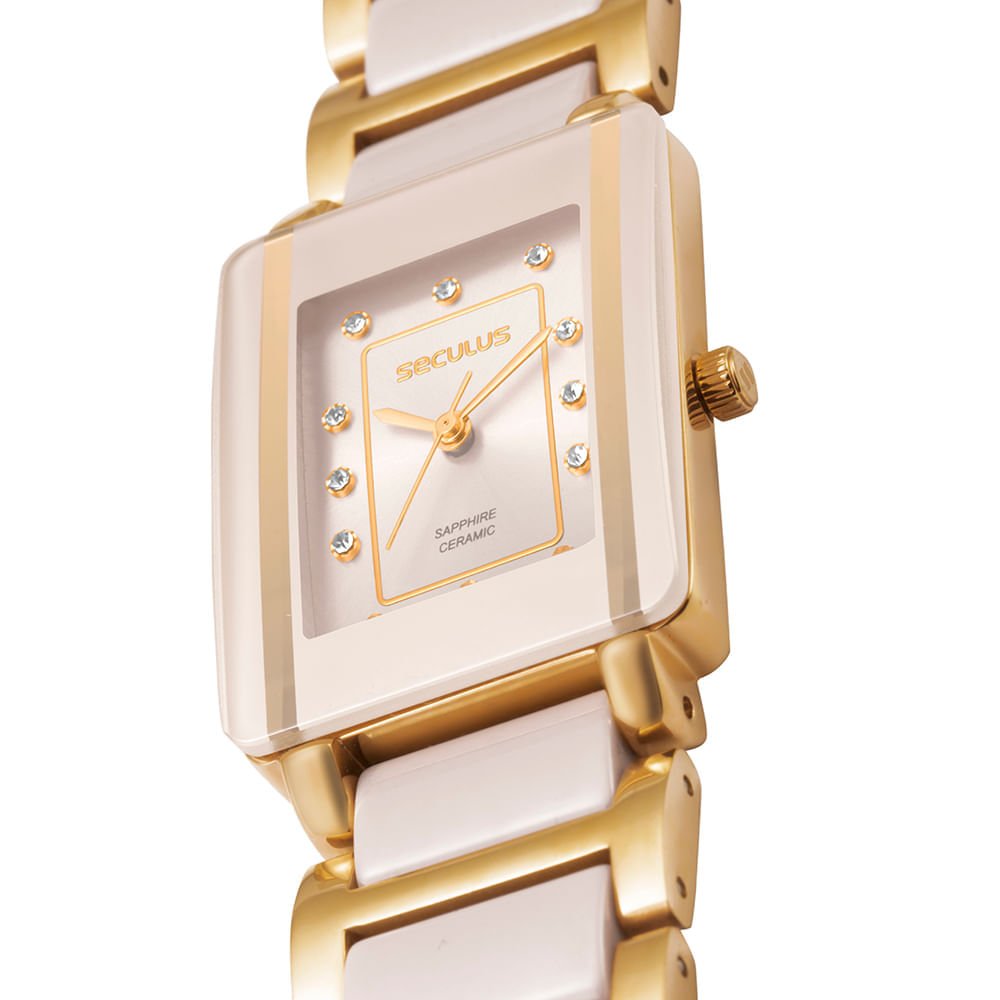 Relógio Feminino Rosa em Cerâmica Quadrado Vidro Safira Rosa 2