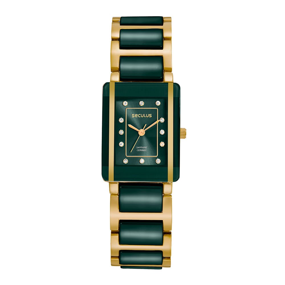 Relógio Feminino Verde em Cerâmica Quadrado Vidro Safira