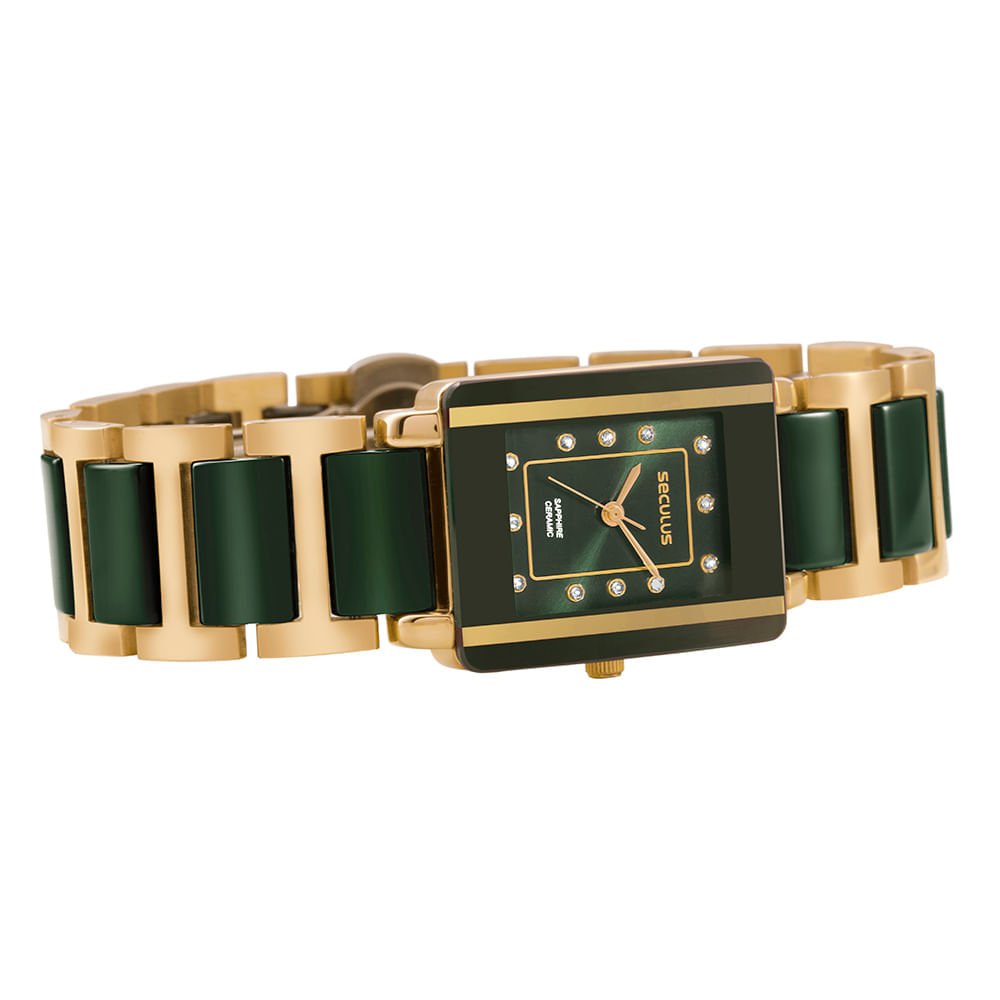 Relógio Feminino Verde em Cerâmica Quadrado Vidro Safira Dourado 2