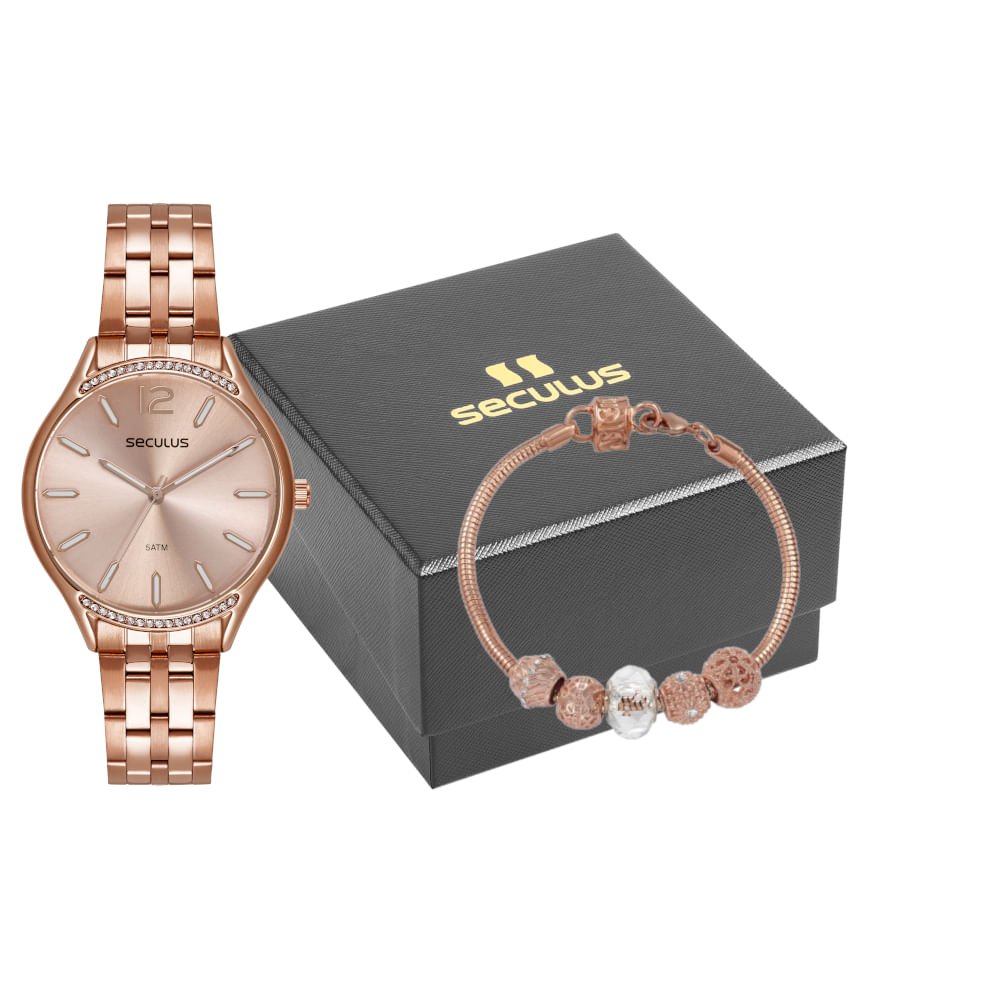 Kit Relógio Feminino Cristais Rosé com Pulseira Berloques