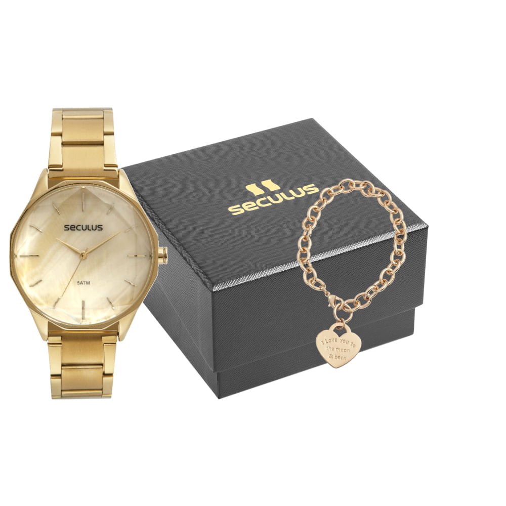 Kit Relógio Feminino Madrepérola Dourado Pulseira Coração