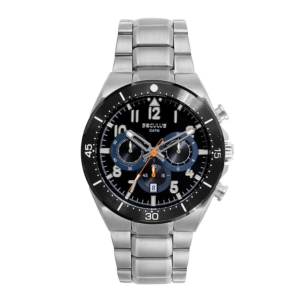 Relógio Masculino Aço Prata Cronógrafo Detalhes em Azul