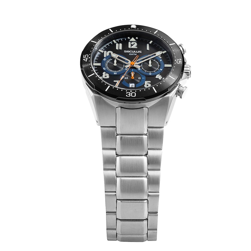 Relógio Masculino Aço Prata Cronógrafo Detalhes em Azul Prata 2