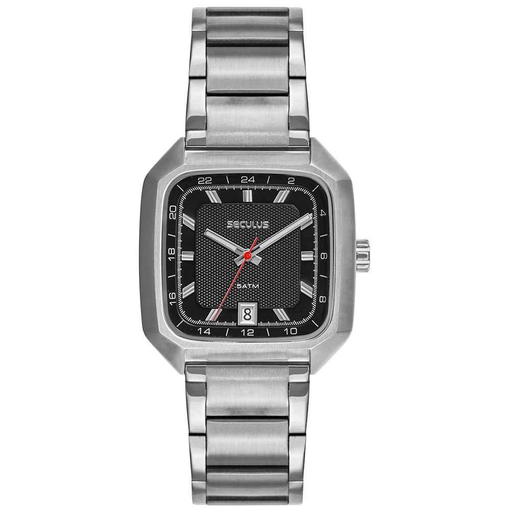Relógio Masculino Prata Aço Quadrado Mostrador Preto Prata 1