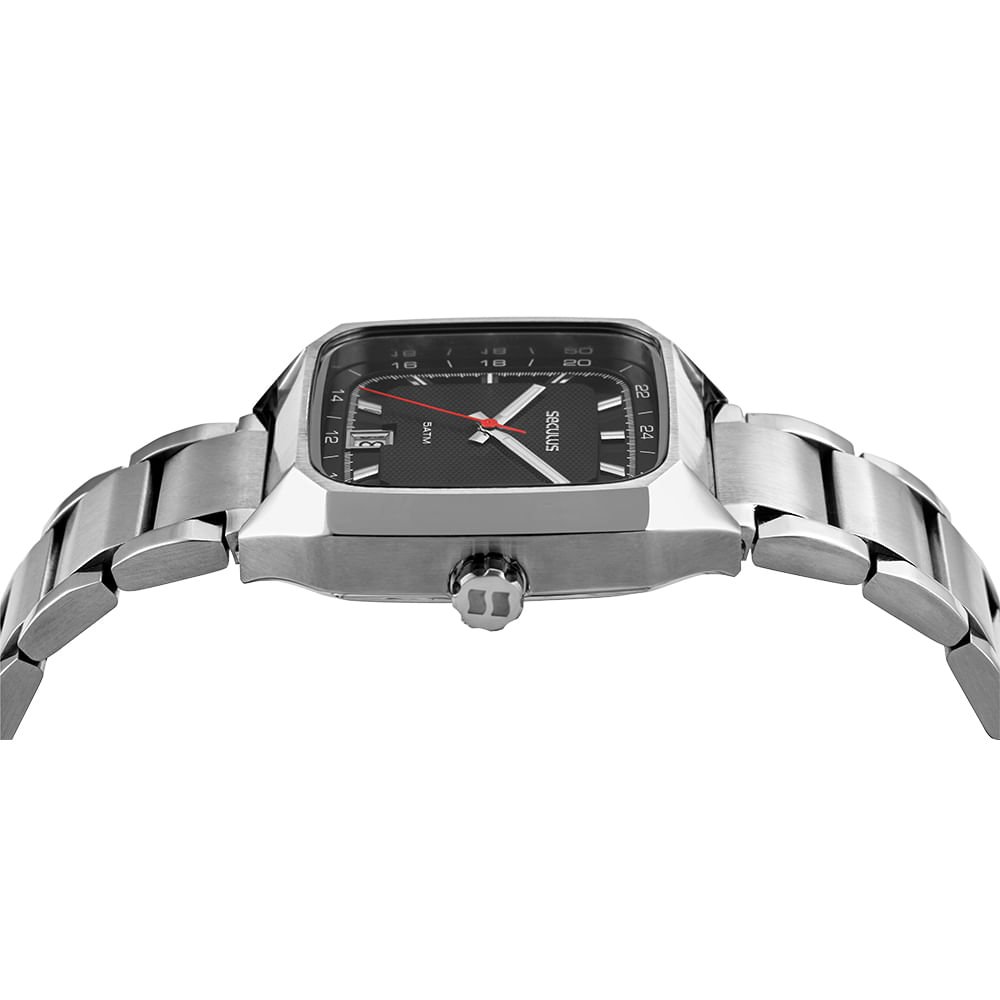 Relógio Masculino Prata Aço Quadrado Mostrador Preto Prata 2