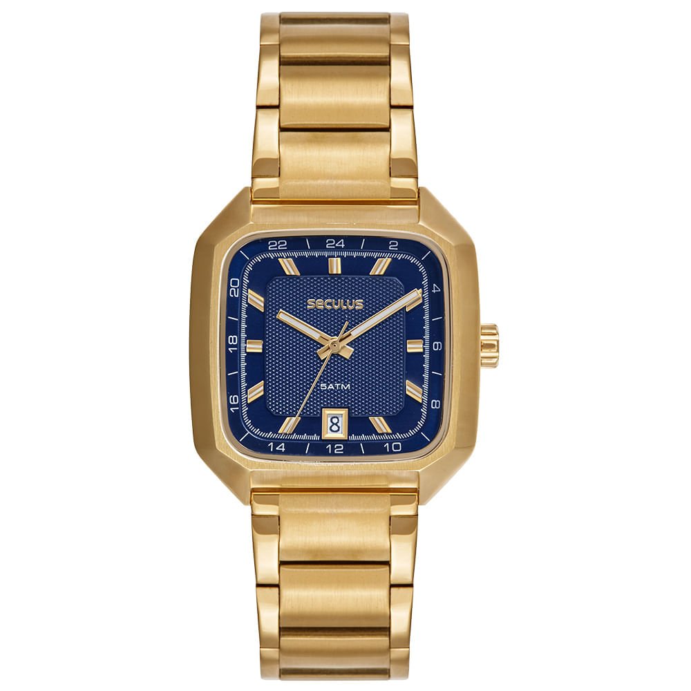 Relógio Masculino Dourado Aço Quadrado Mostrador Azul
