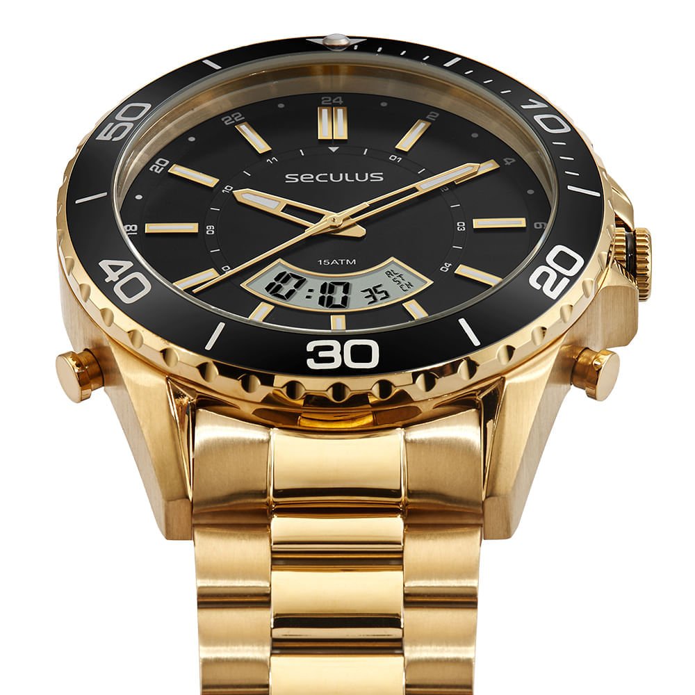 Relógio Masculino Aço Dourado Movimento Sorriso Dourado 2