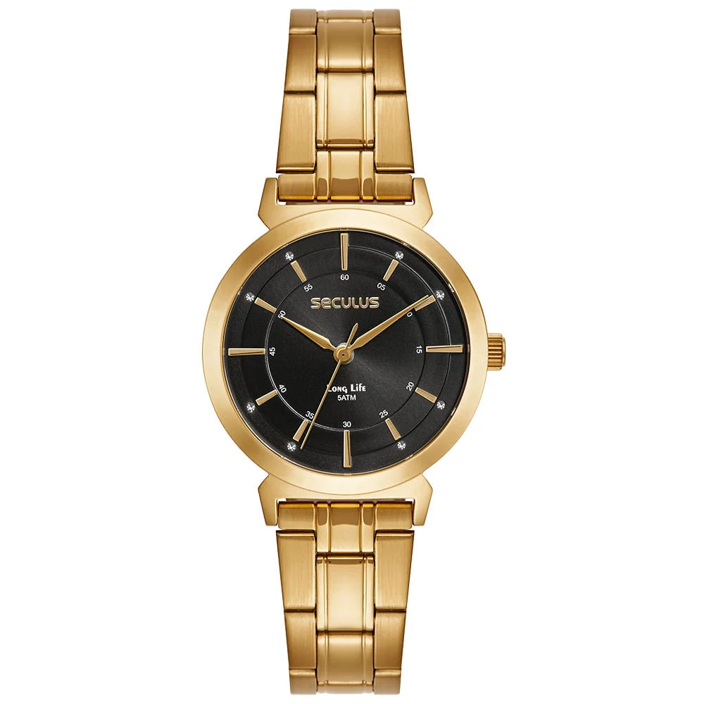 Kit Relógio Feminino Aço Dourado Mostrador Preto Dourado 2