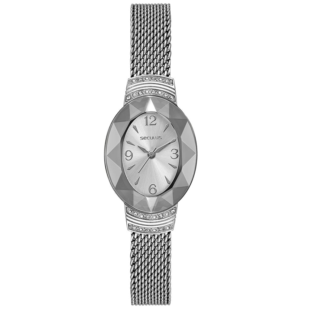 Relógio Feminino Analógico Oval Prata Vidro Facetado