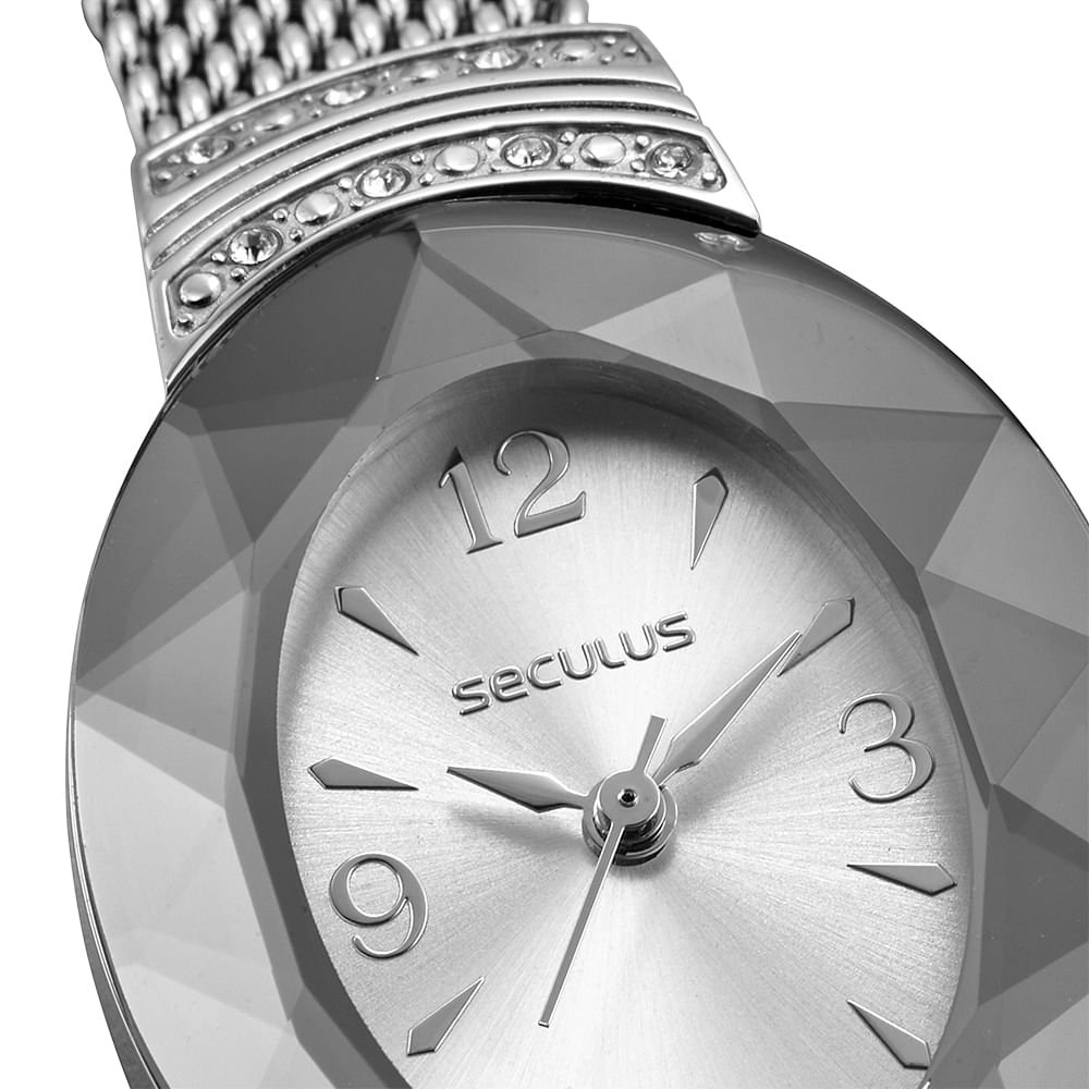 Relógio Feminino Analógico Oval Prata Vidro Facetado Prata 2