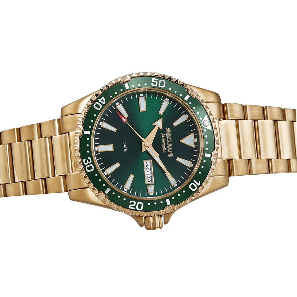 Relógio Masculino Automático Dourado Mostrador Verde Dourado 2