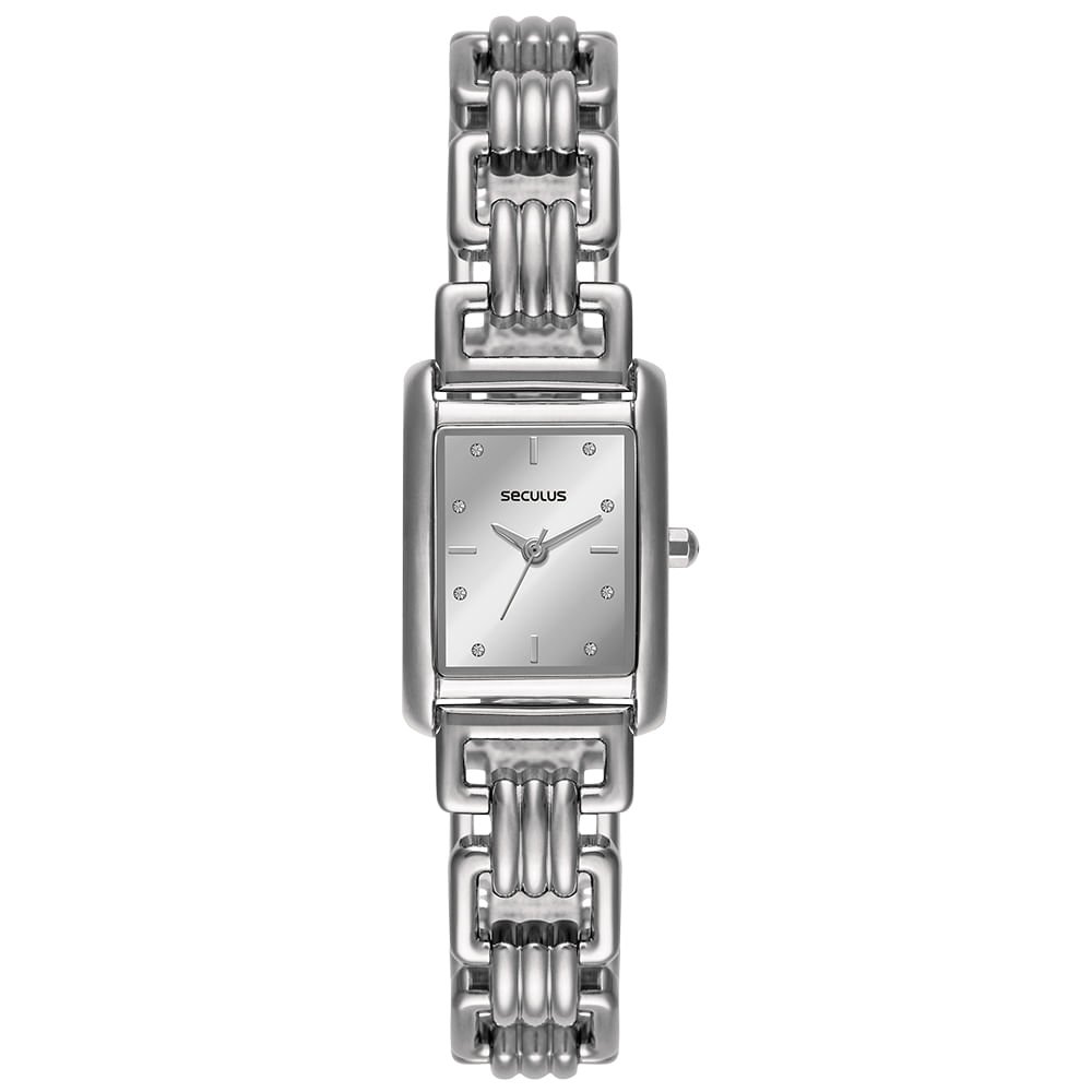 Relógio Feminino Analógico Quadrado Prata em Cristais