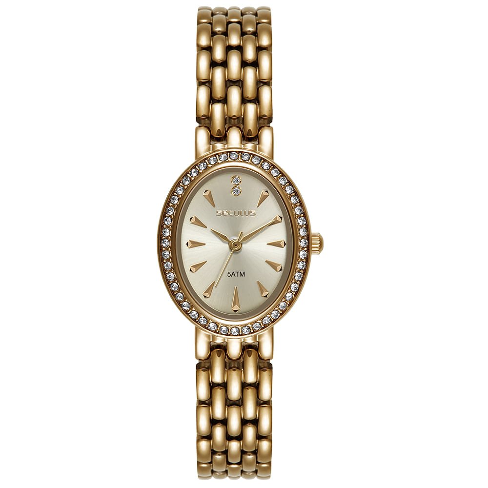Relógio Feminino Dourado Oval Com Cristais