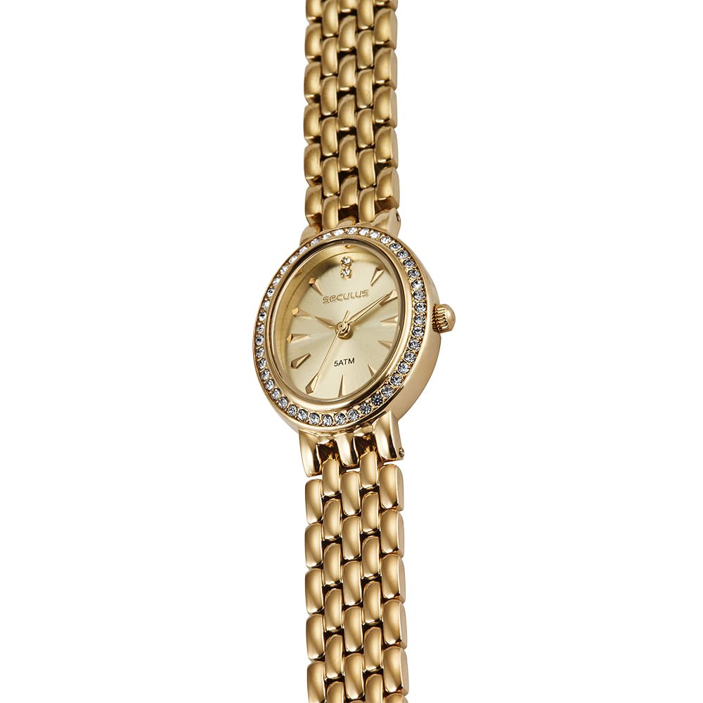 Relógio Feminino Dourado Oval Com Cristais Dourado 2