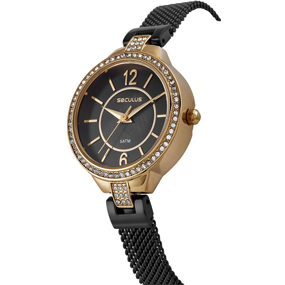 Relógio Feminino Analógico Elegante Preto Minimalista Dourado 2