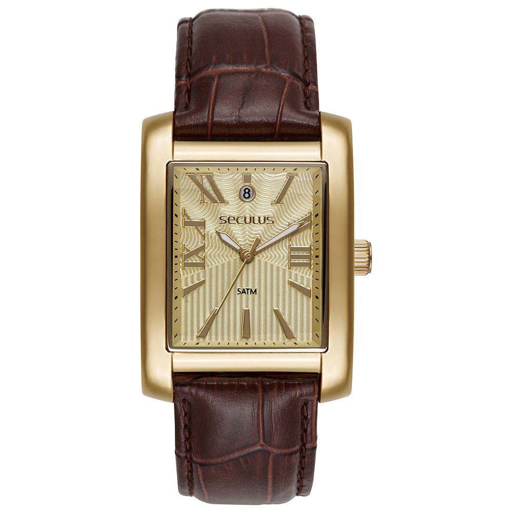Relógio Masculino Analógico Quadrado Couro Croco Dourado