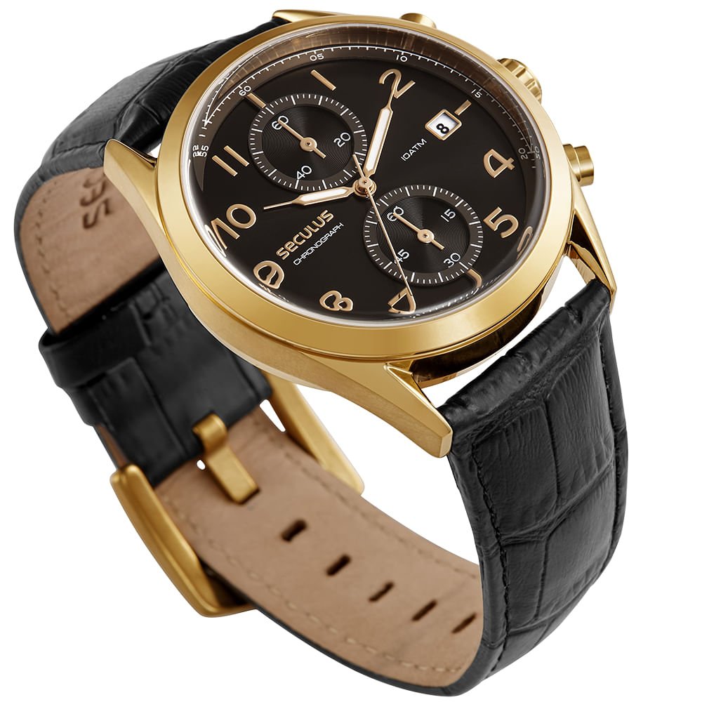 Relógio Masculino Analógico Cronógrafo Couro Croco Preto Dourado 2