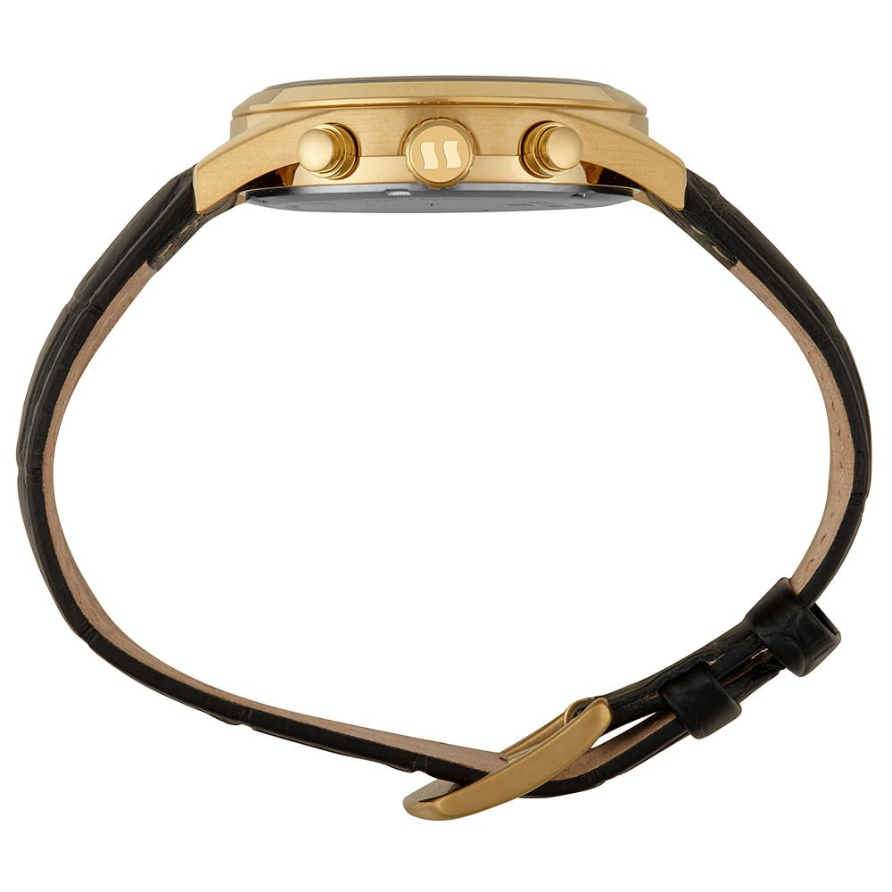 Relógio Masculino Analógico Cronógrafo Couro Croco Preto Dourado 3