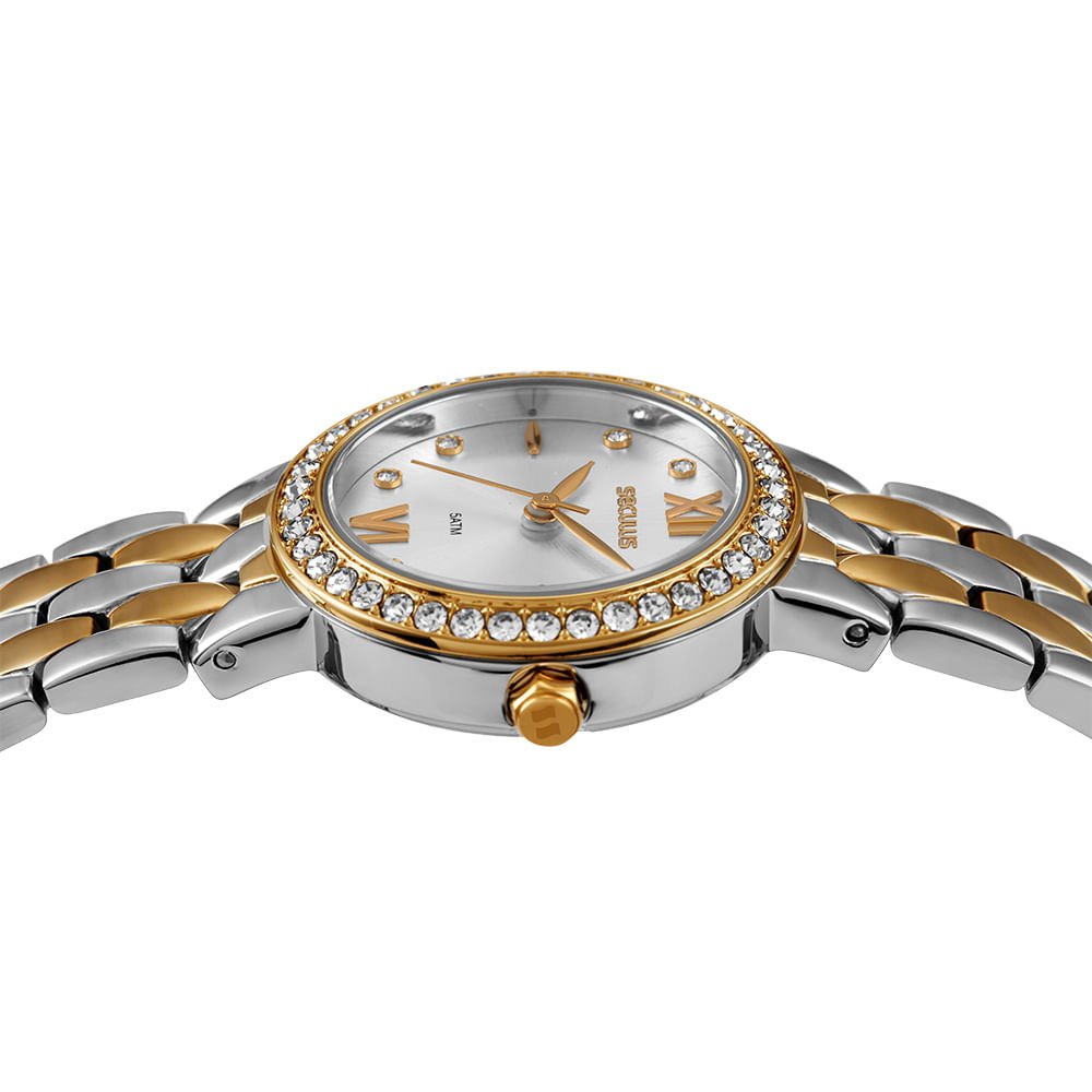 Relógio Feminino Aço Bicolor Catraca com Cristais Dourado/Prata 2