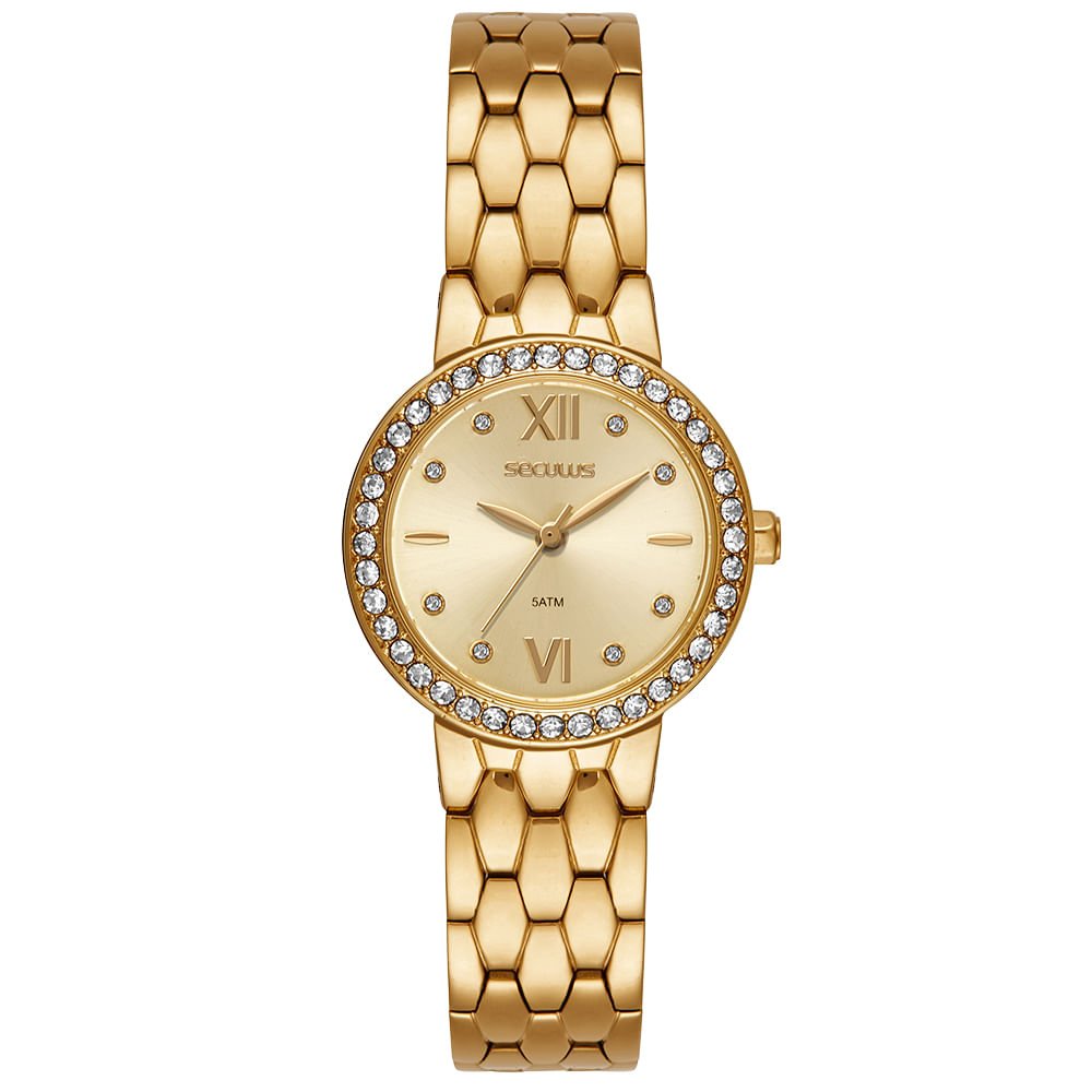 Relógio Feminino Aço Dourado Catraca com Cristais