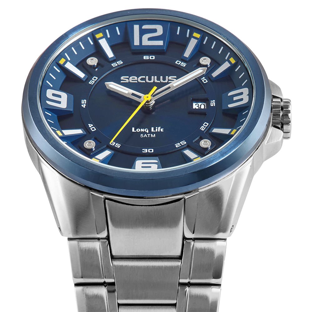 Relógio Masculino Aço Prata Mostrador Azul 3D Prata 2