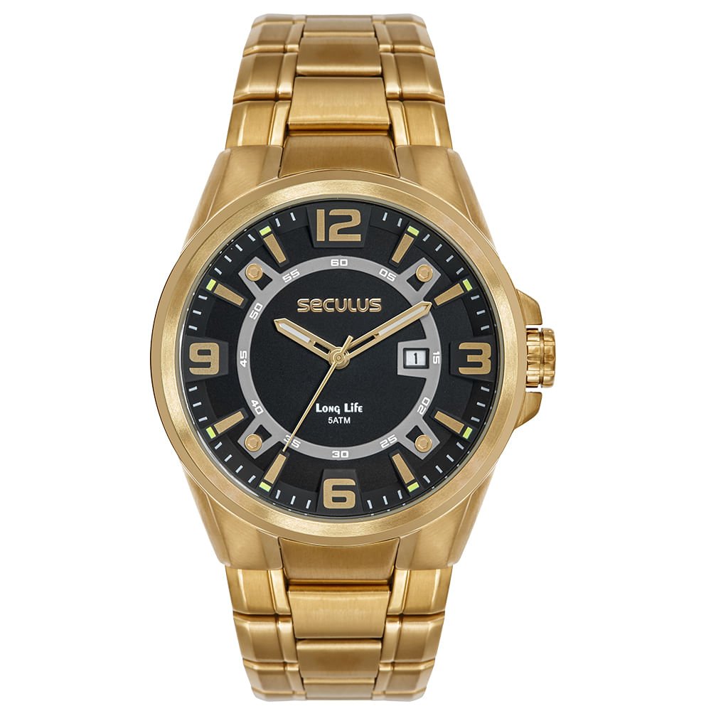 Relógio Masculino Aço Dourado Mostrador Preto 3D