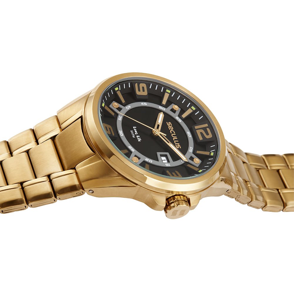 Relógio Masculino Aço Dourado Mostrador Preto 3D Dourado 2