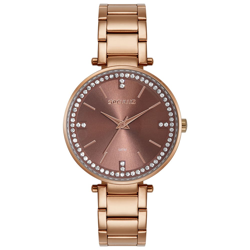 Relógio Feminino Analógico Cristais Visor Amplo Marron