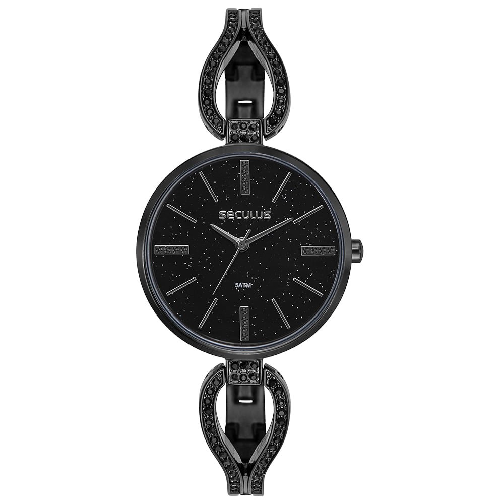 Relógio Feminino Analógico Moon Stone Cristais Preto