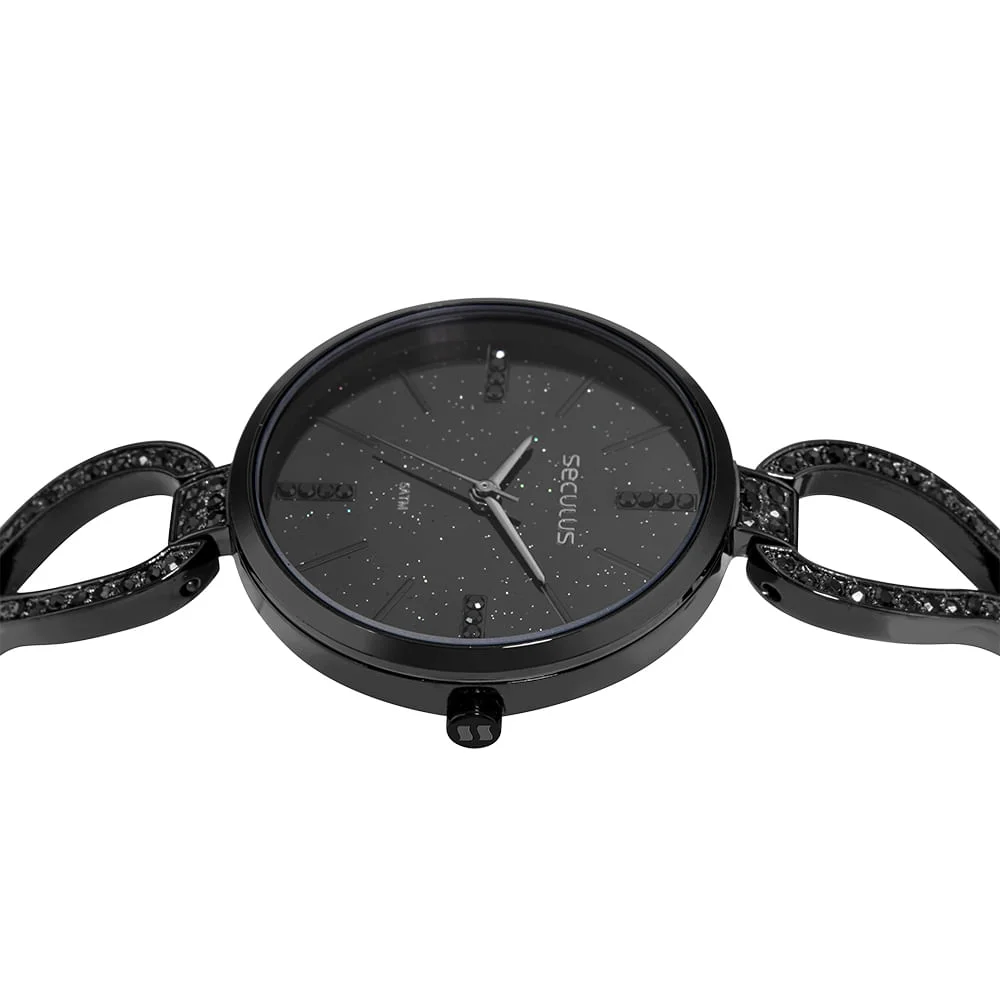 Relógio Feminino Analógico Moon Stone Cristais Preto Preto 2