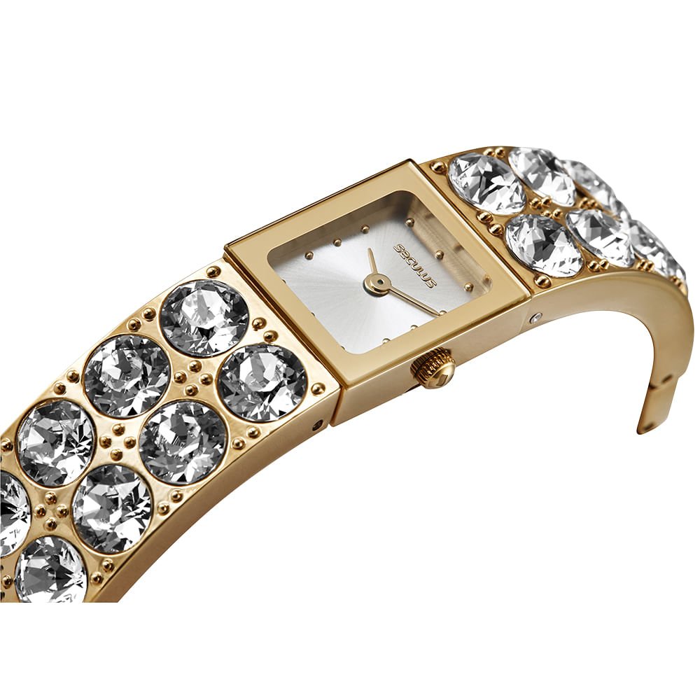 Relógio Feminino Bangle Cristais Swarovski Dourado Prata 2