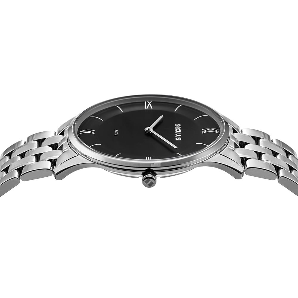 Relógio Masculino Aço Prata Slim Mostrador Preto Prata 2