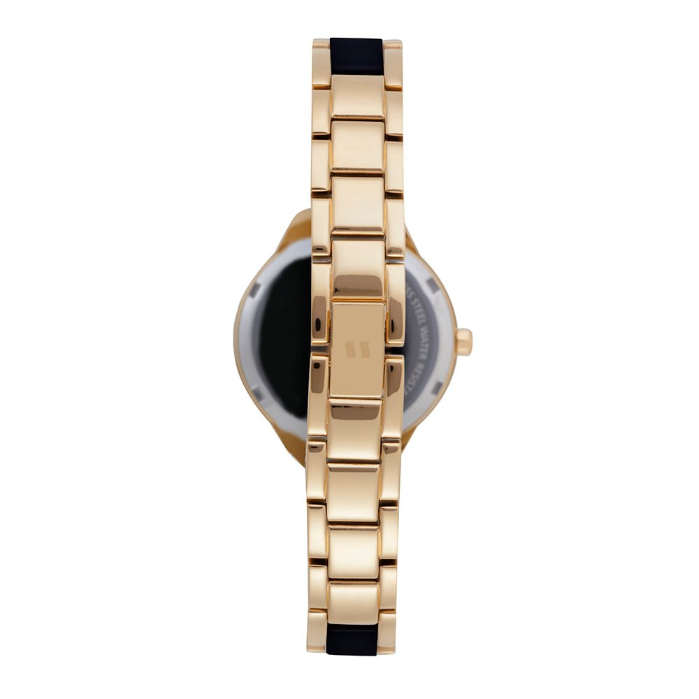 Relógio Feminino Aço Preto Calendário Fecho Joalheria Dourado 4