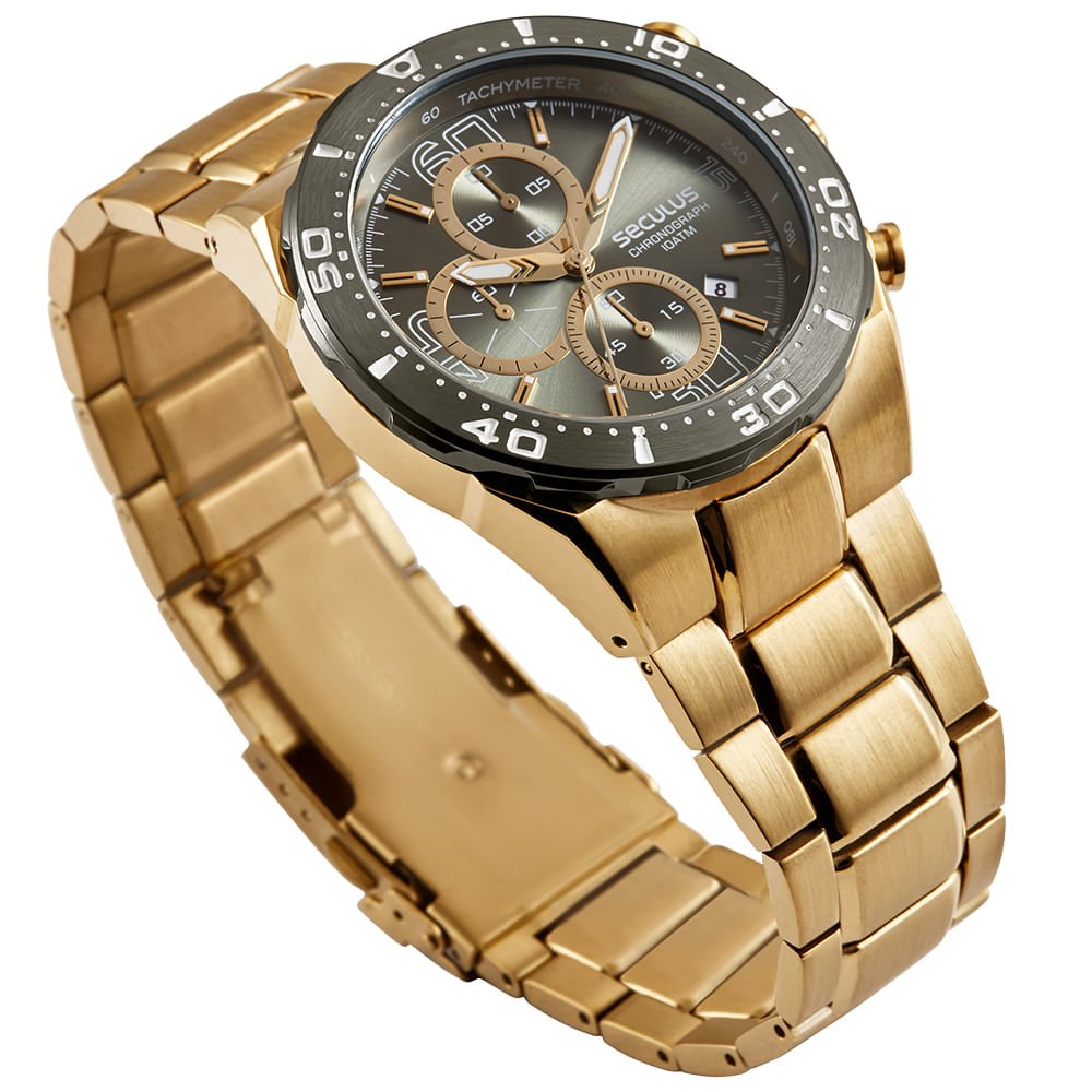 Relógio Masculino Aço Preto Cronógrafo Casual Dourado 2