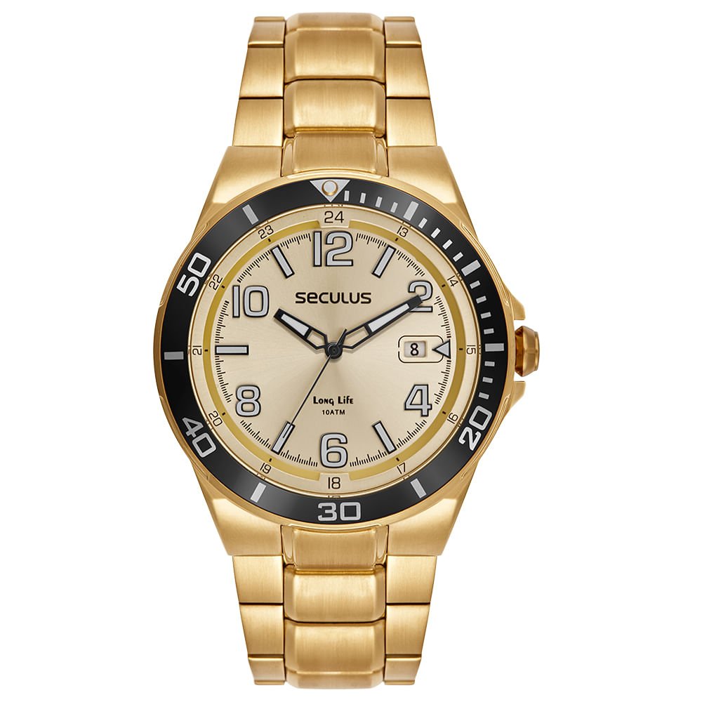 Relógio Masculino Aço Dourado Calendário