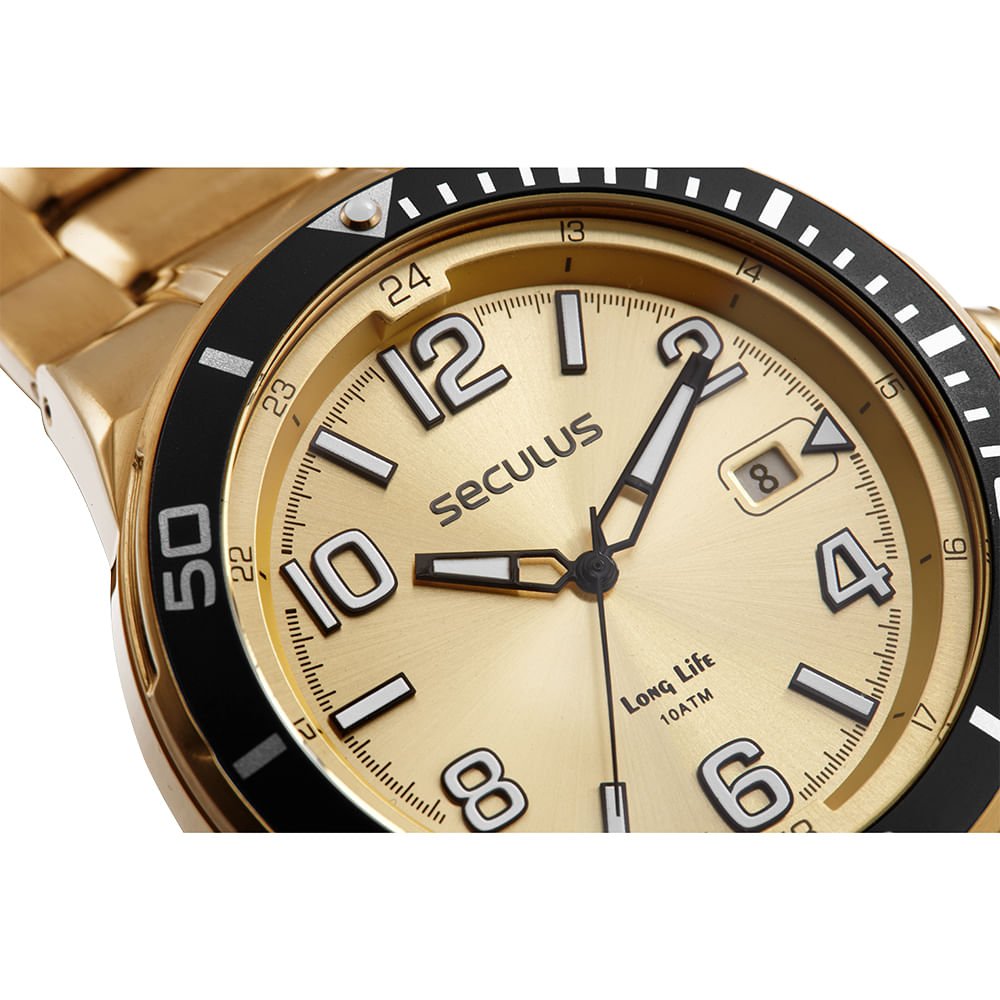 Relógio Masculino Aço Dourado Calendário Dourado 2