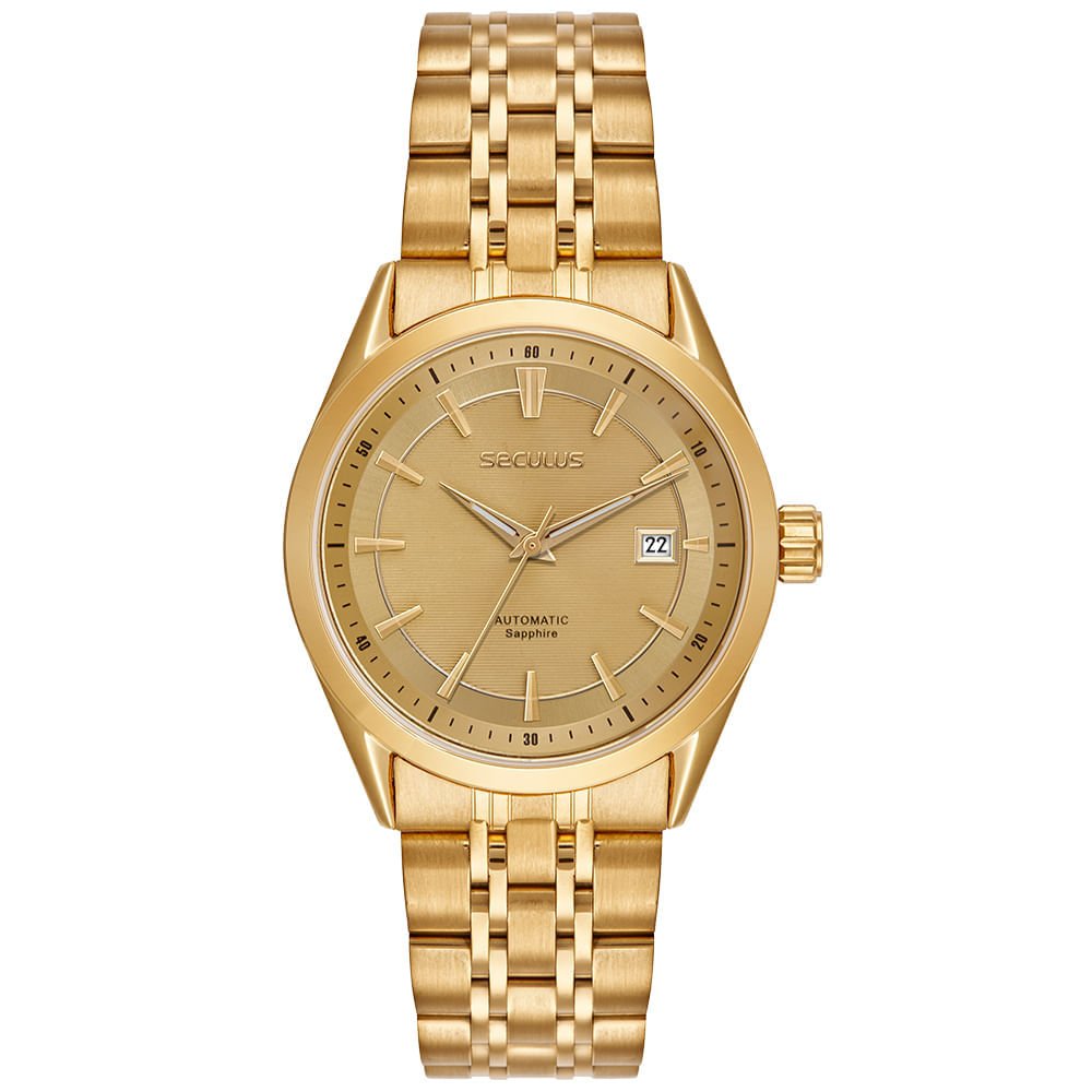 Relógio Automático Masculino Dourado Aço Calendário Index Completo