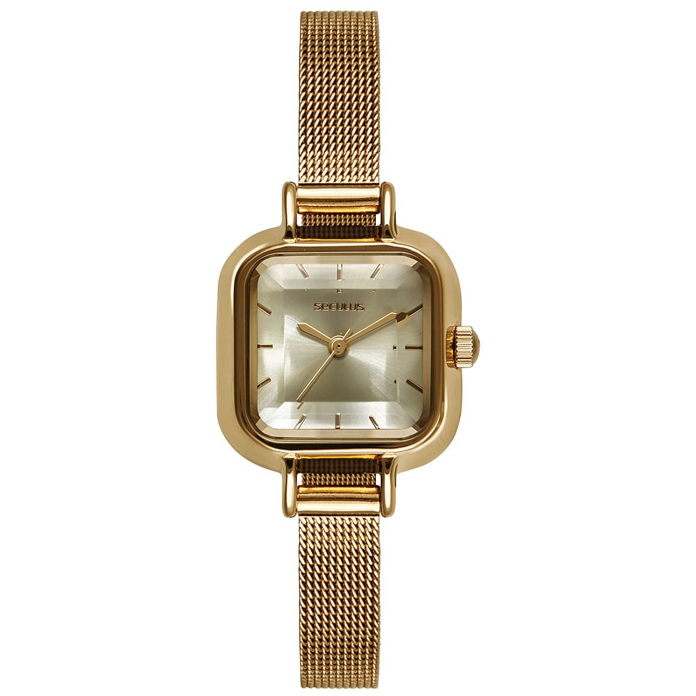 Relógio Feminino Analógico Vidro Facetado Dourado malha aço