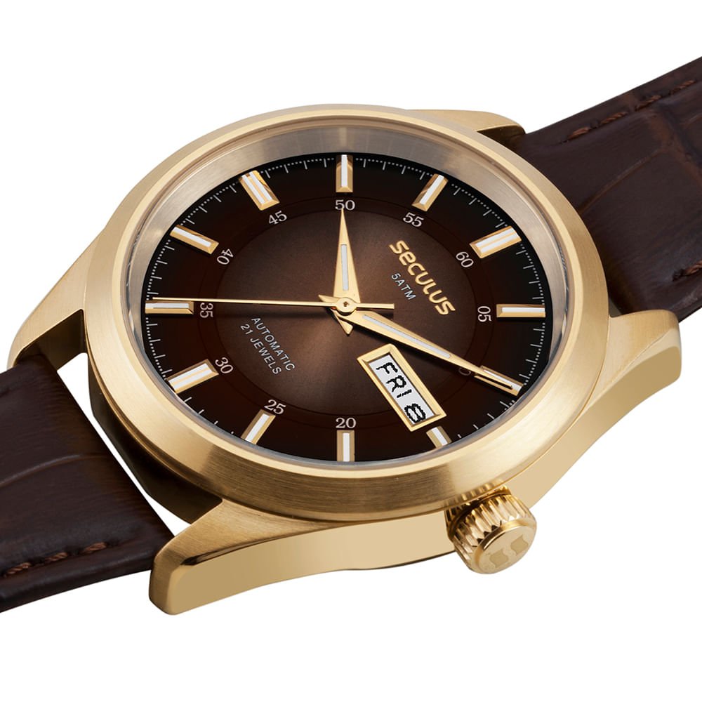 Relógio Automático Masculino Couro Marrom Croco Dourado 4