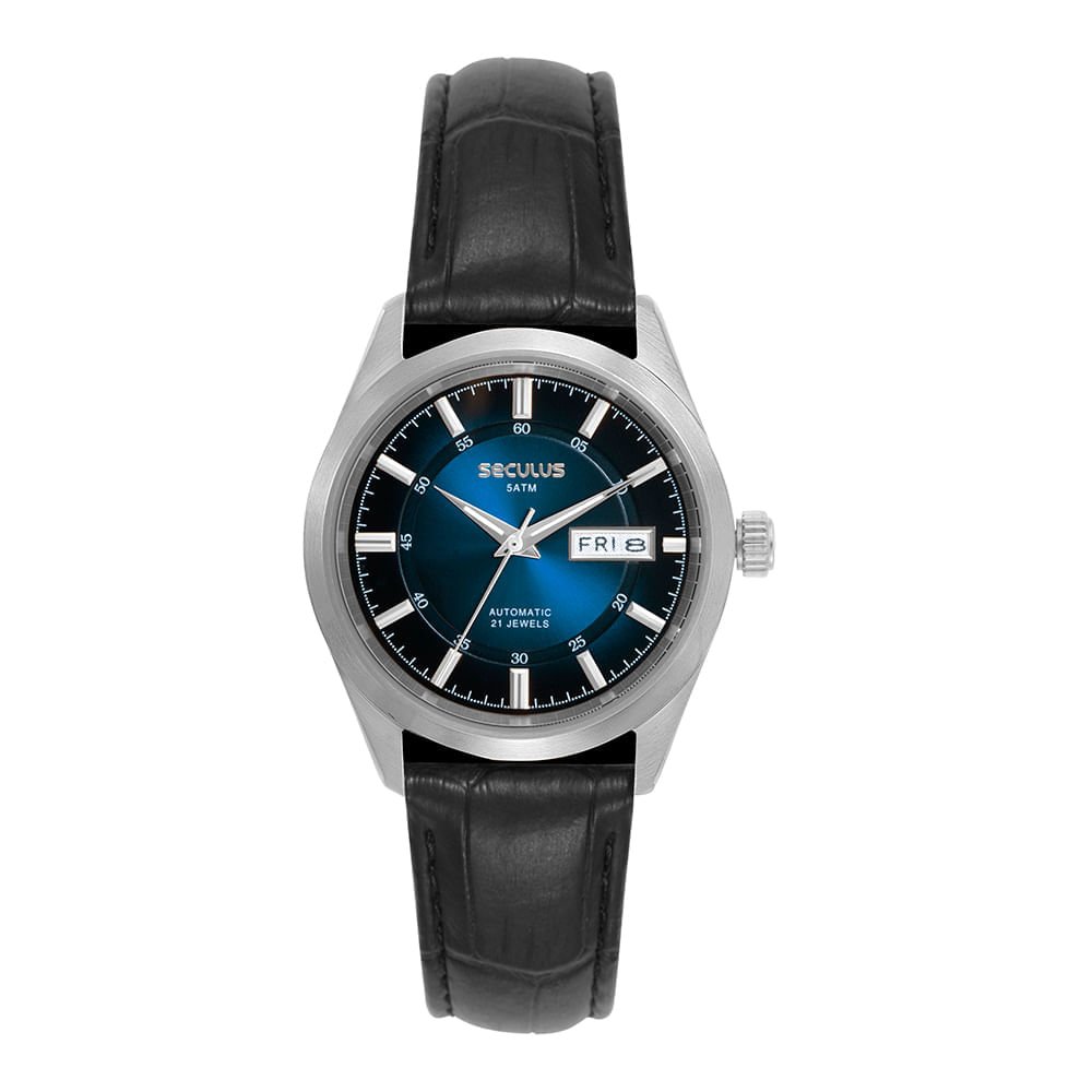 Relógio Automático Masculino Couro Croco Preto