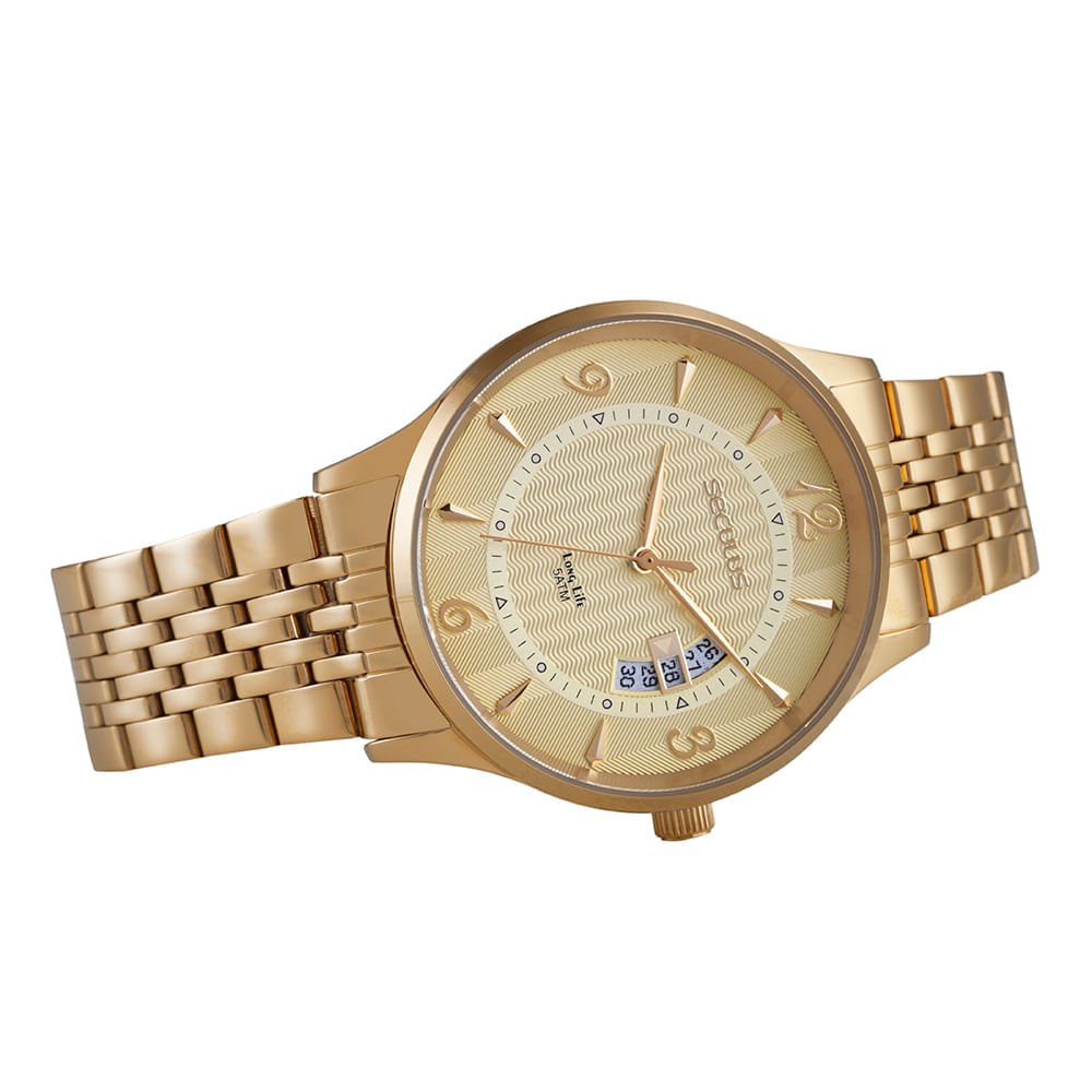 Relógio Masculino Analógico Aço Calendário Slim Texturizada Dourado 2