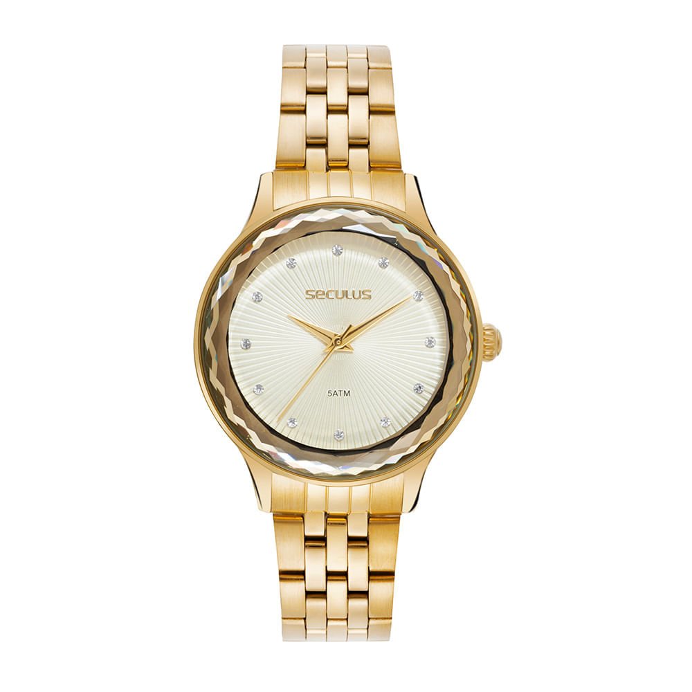 Relógio Feminino Analógico Dourado Dial em Cristais