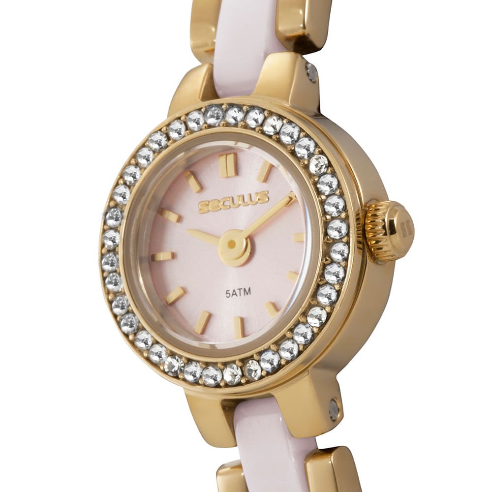 Relógio Feminino Analógico Mini Bisel Cerâmica com Cristais Dourado/Prata 2