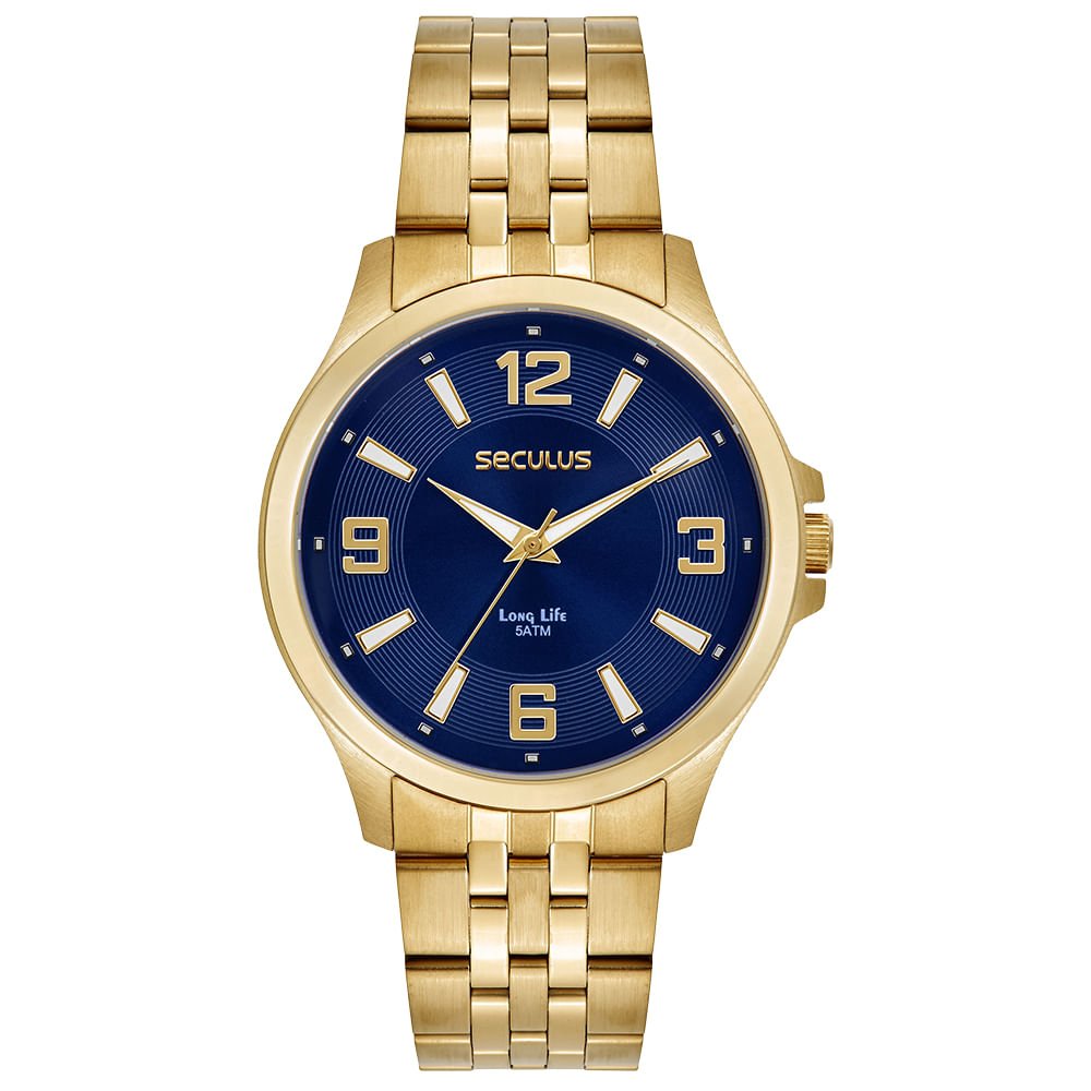 Relógio Masculino Analógico Aço Dourado Mostrador Azul