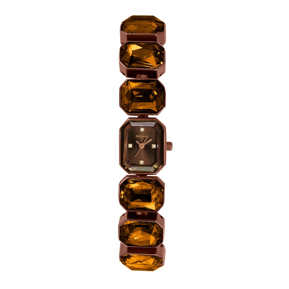 Relógio Feminino Marron Retangular Pulseira Pedras Facetadas