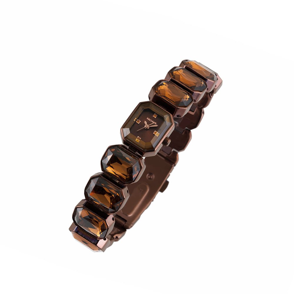 Relógio Feminino Marron Retangular Pulseira Pedras Facetadas Marrom 2