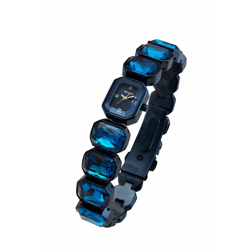 Relógio Feminino Azul Retangular Pulseira Pedras Facetadas Azul 2