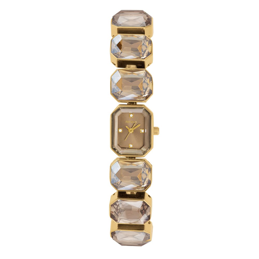 Relógio Feminino Dourado Retangular Pulseira Pedras Facetadas