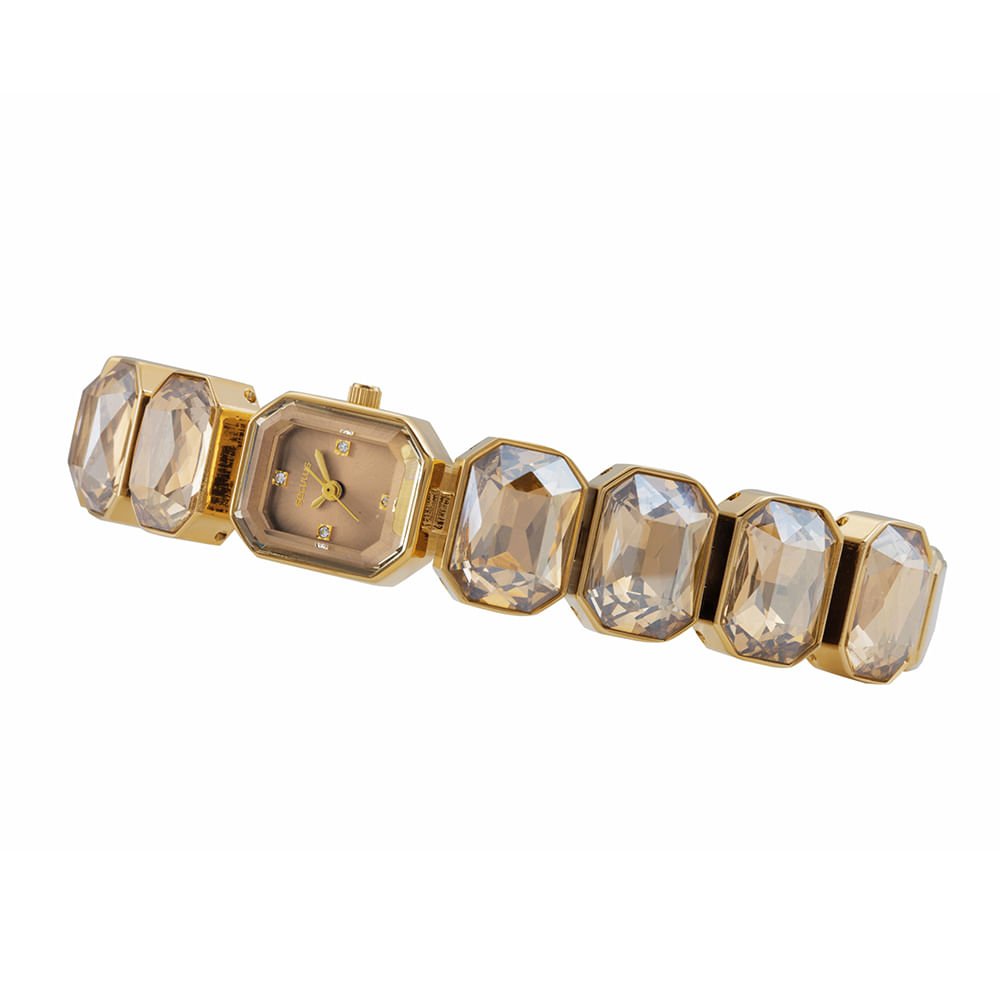 Relógio Feminino Dourado Retangular Pulseira Pedras Facetadas Dourado 2