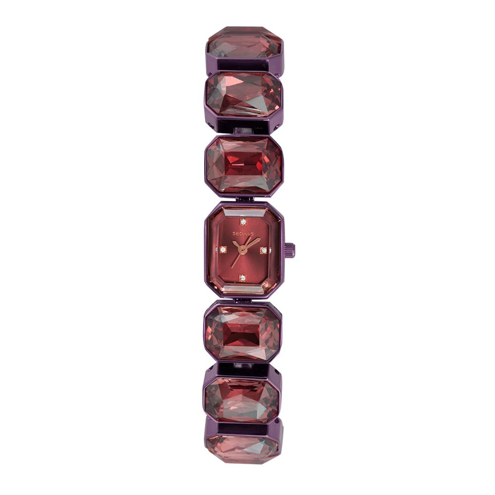 Relógio Feminino Roxo Retangular Pulseira Pedras Facetadas